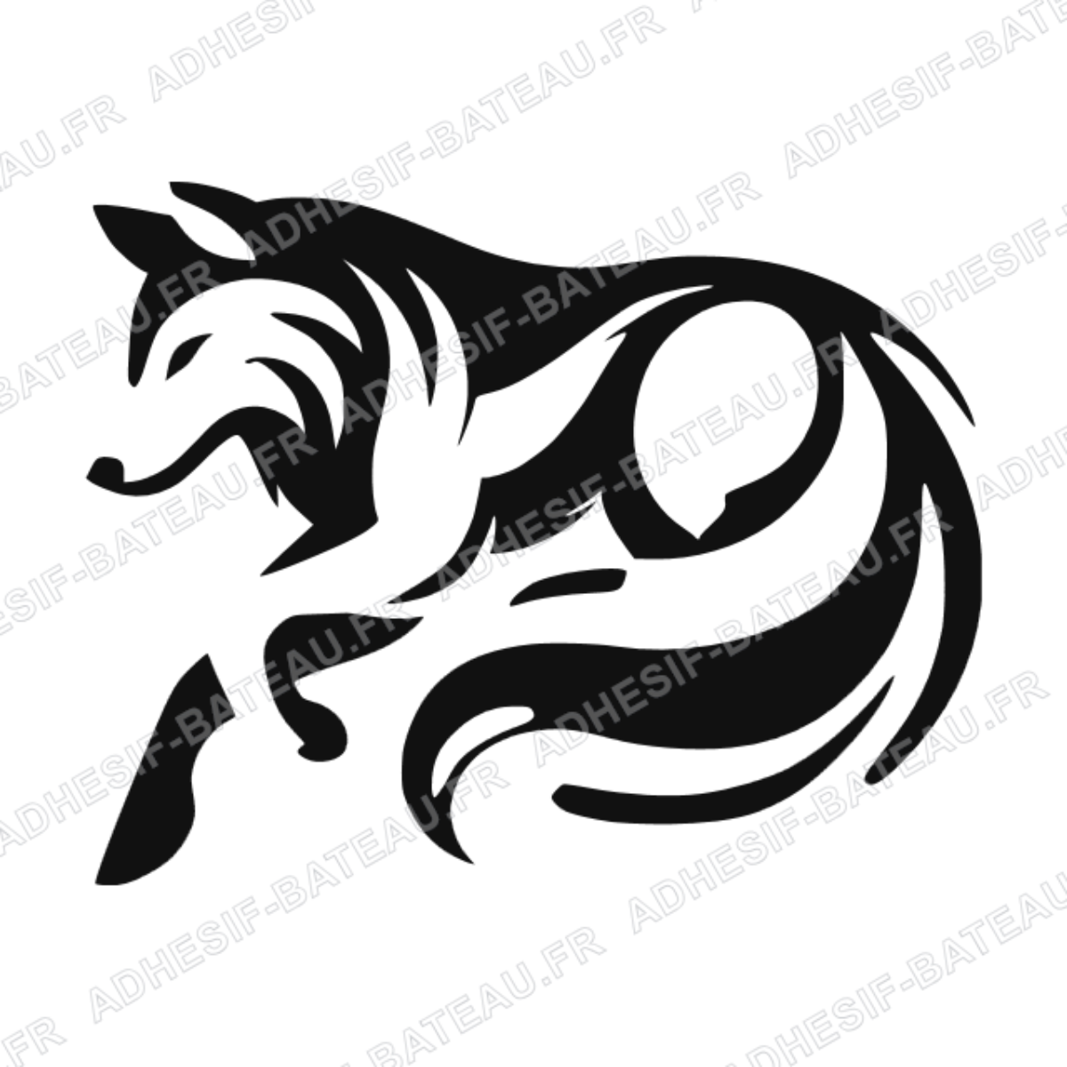 Sticker représentant une tête de loup en style tribal avec des formes noires fluides et graphiques.