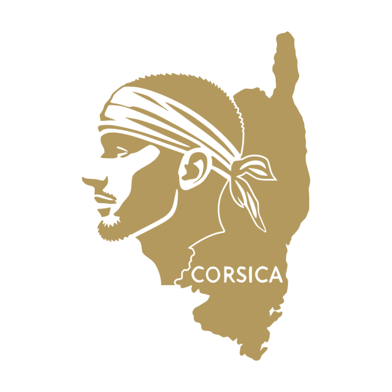 Sticker représentant la tête de Maure corse devant la silhouette de la Corse avec l'inscription « CORSICA », dans un design graphique noir. - Imitation Or