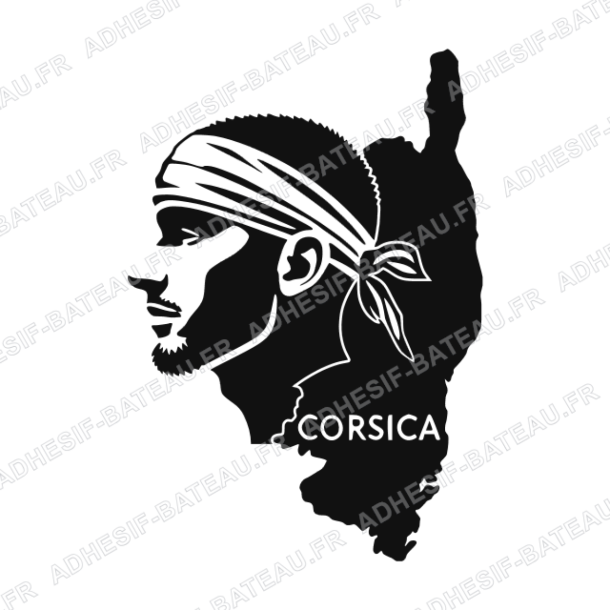 Sticker représentant la tête de Maure corse devant la silhouette de la Corse avec l'inscription « CORSICA », dans un design graphique noir.