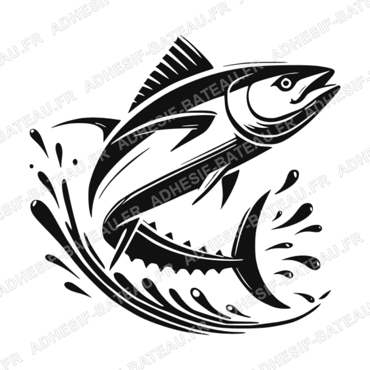 Sticker représentant un thon en saut hors de l'eau avec des éclaboussures, dans un style graphique noir.