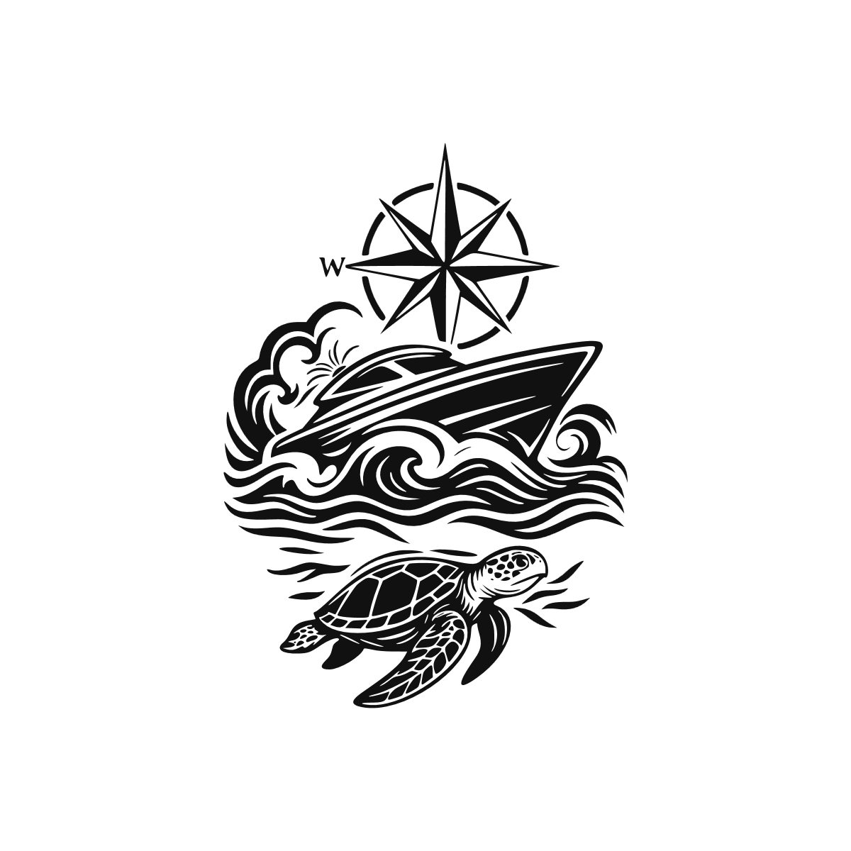 Sticker noir avec tortue marine, bateau à moteur sur les vagues et rose des vents