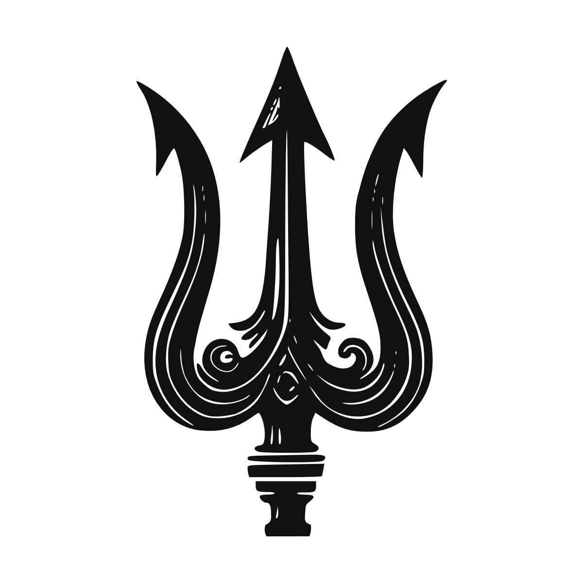 Sticker noir représentant un trident marin stylisé avec des courbes ornementales et symétriques