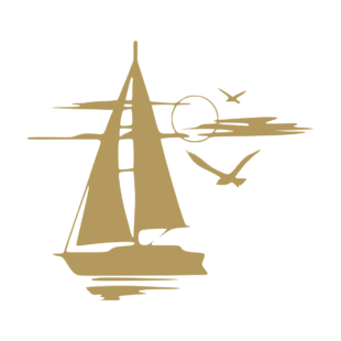 Sticker noir représentant un voilier au coucher de soleil avec deux oiseaux marins en vol - Imitation Or