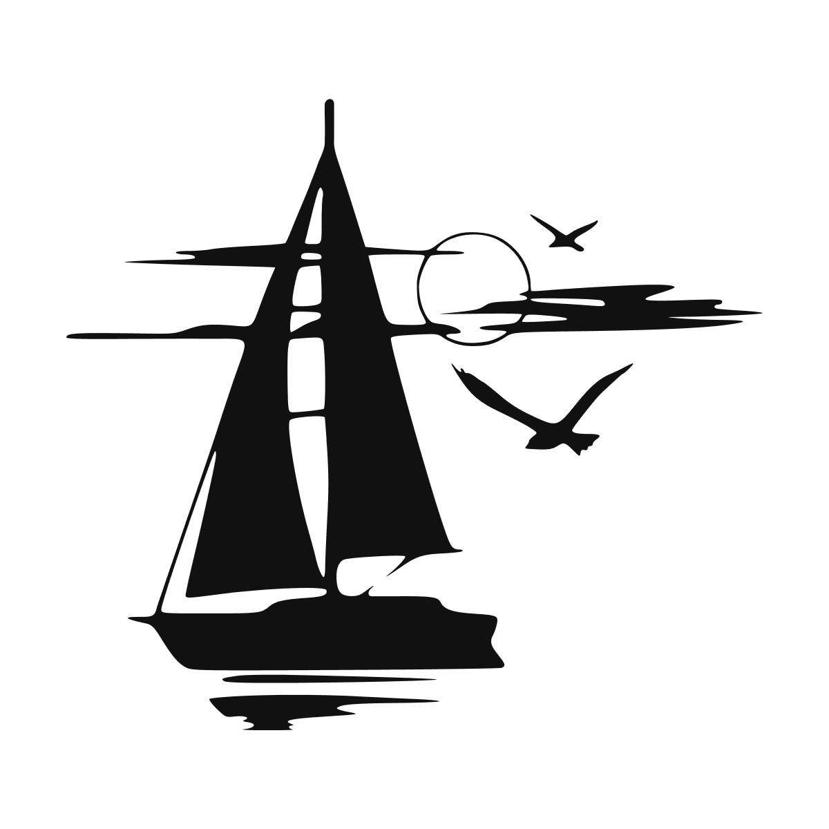 Sticker noir représentant un voilier au coucher de soleil avec deux oiseaux marins en vol