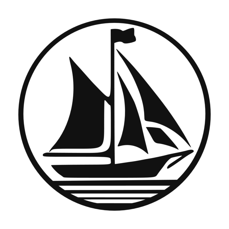 Sticker adhésif représentant un voilier stylisé dans un médaillon circulaire, idéal pour une décoration nautique. Dimensions et couleur personnalisables.
