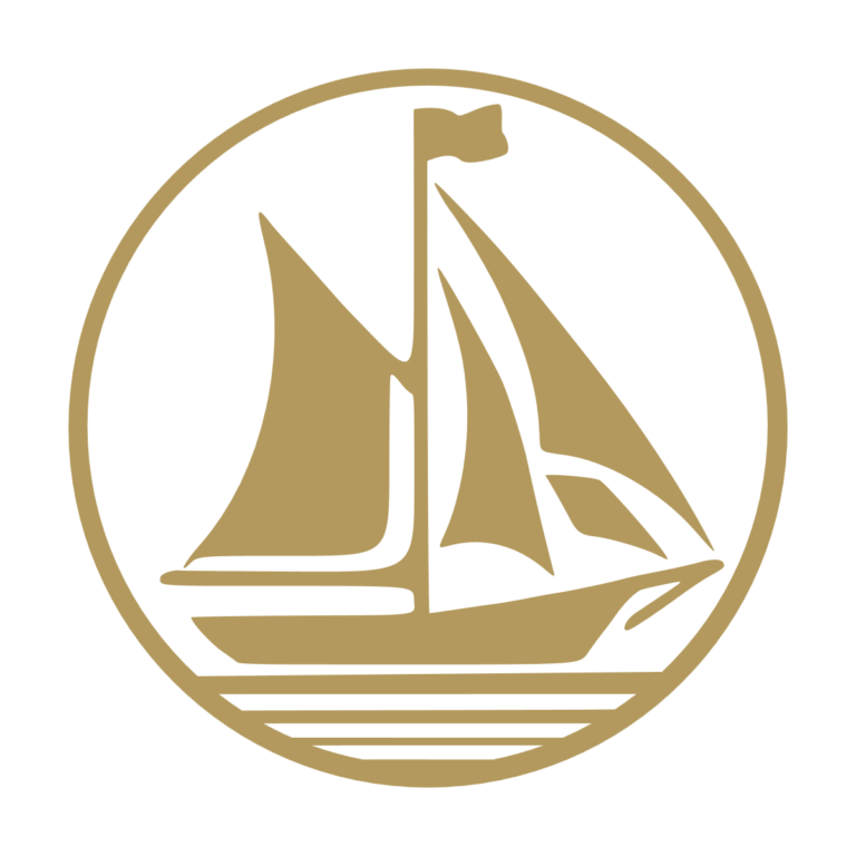 Sticker adhésif représentant un voilier stylisé dans un médaillon circulaire, idéal pour une décoration nautique. Dimensions et couleur personnalisables. - Imitation Or