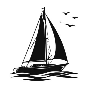 Sticker noir représentant un voilier naviguant sur les vagues avec plusieurs oiseaux marins en vol