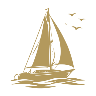 Sticker noir représentant un voilier naviguant sur les vagues avec plusieurs oiseaux marins en vol - Imitation Or