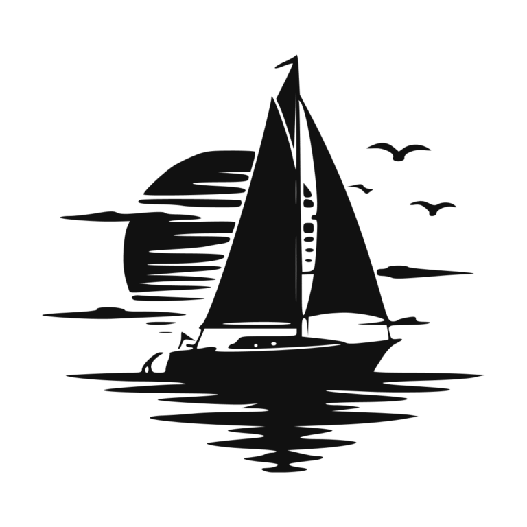 Sticker noir représentant un voilier devant un soleil couchant avec plusieurs oiseaux marins