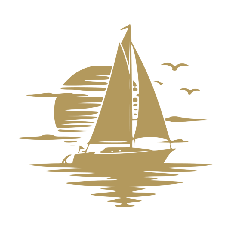 Sticker noir représentant un voilier devant un soleil couchant avec plusieurs oiseaux marins - Imitation Or