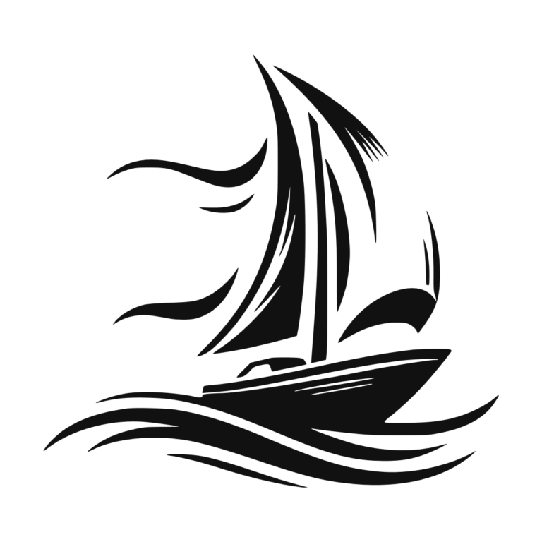 Sticker noir représentant un voilier stylisé naviguant sur des vagues aux lignes fluides