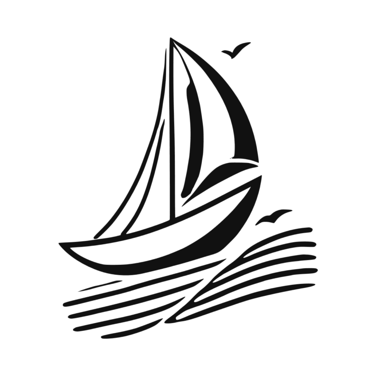 Sticker noir représentant un voilier stylisé naviguant sur les vagues avec deux oiseaux en vol