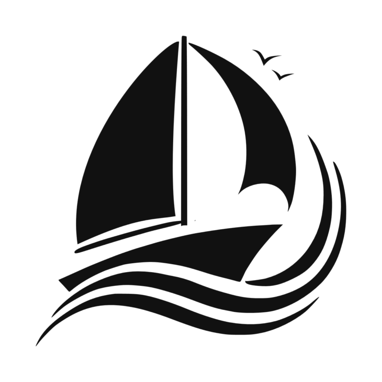 Sticker noir représentant un voilier stylisé naviguant sur des vagues avec deux oiseaux marins