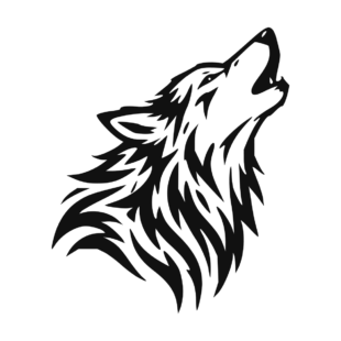 Sticker noir représentant une tête de loup tribal hurlant avec une fourrure aux lignes graphiques