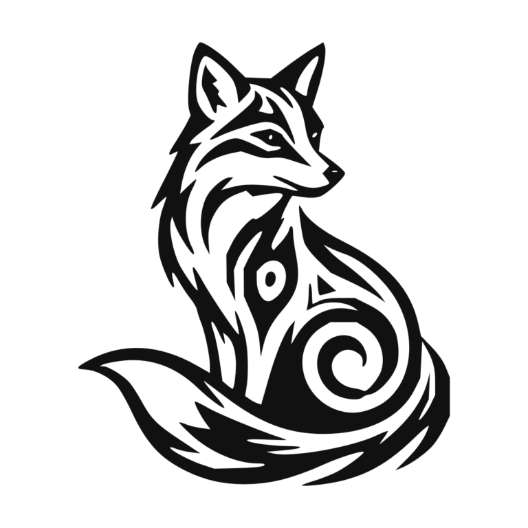 Sticker noir représentant un renard tribal assis avec une grande queue ornée de spirales