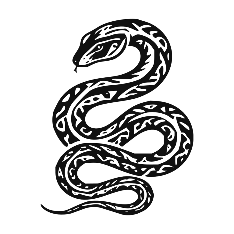 Sticker noir représentant un serpent tribal enroulé avec des motifs décoratifs sur le corps