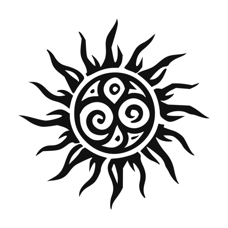 Sticker noir représentant un soleil tribal avec un centre spiralé et des rayons ondulés