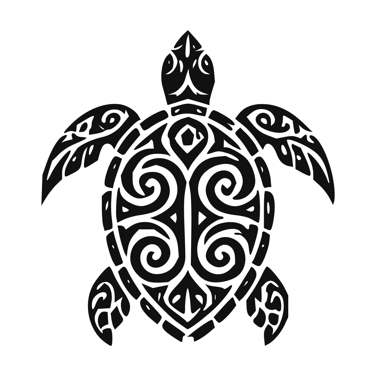 Sticker noir représentant une tortue tribale avec deux grandes spirales symétriques sur la carapace