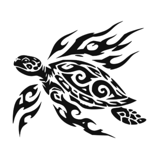 Sticker noir représentant une tortue tribale en mouvement avec des motifs en forme de flammes