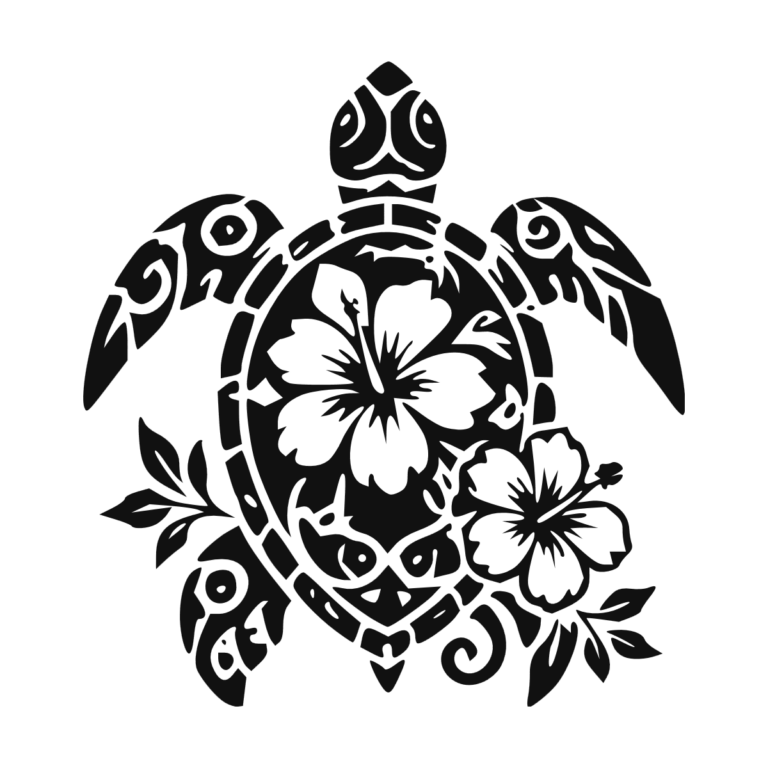 Sticker noir représentant une tortue tribale décorée de fleurs d’hibiscus et de feuilles