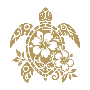 Sticker noir représentant une tortue tribale décorée de fleurs d’hibiscus et de feuilles - Imitation Or