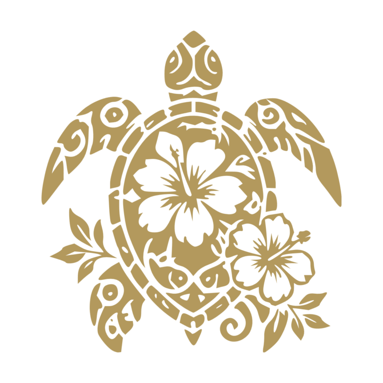 Sticker noir représentant une tortue tribale décorée de fleurs d’hibiscus et de feuilles - Imitation Or