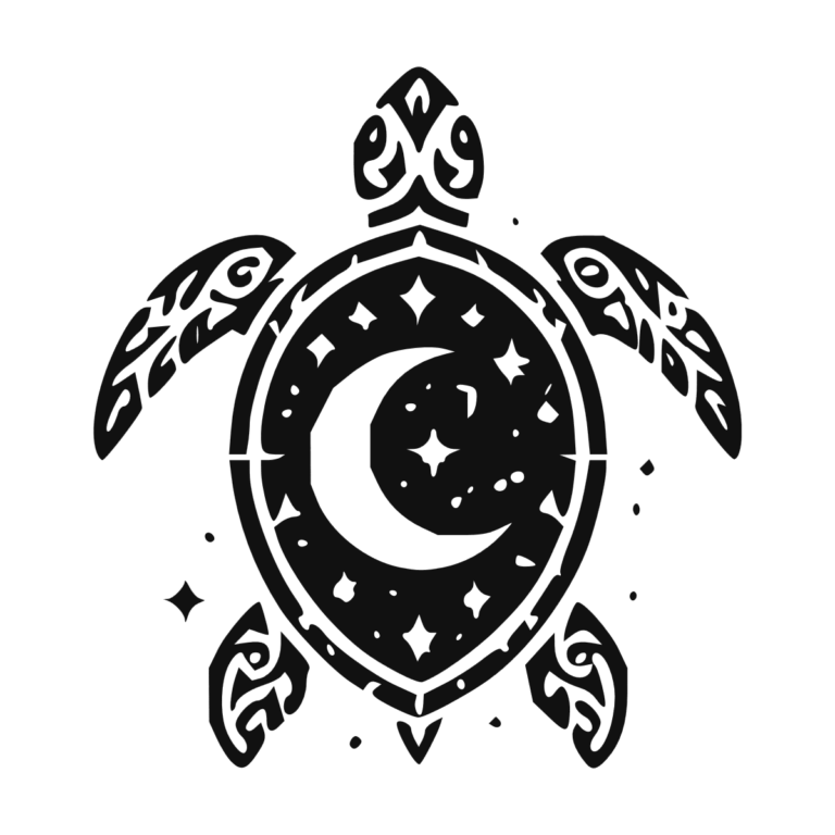 Sticker noir représentant une tortue tribale avec une lune et des étoiles dans sa carapace