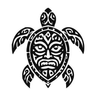Sticker noir représentant une tortue tribale avec un masque tiki intégré au centre de la carapace