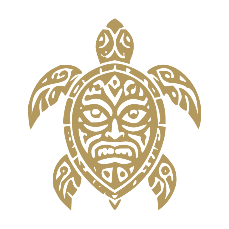 Sticker noir représentant une tortue tribale avec un masque tiki intégré au centre de la carapace - Imitation Or