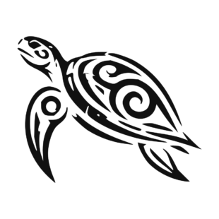 Sticker noir représentant une tortue tribale vue de côté avec une carapace ornée de spirales