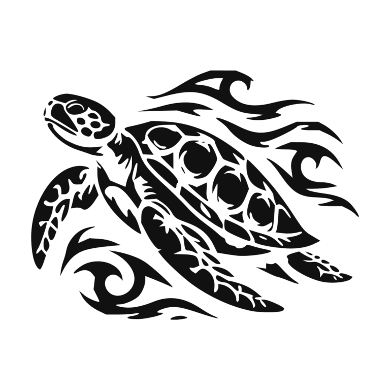 Sticker noir représentant une tortue tribale nageant au milieu de vagues aux lignes fluides