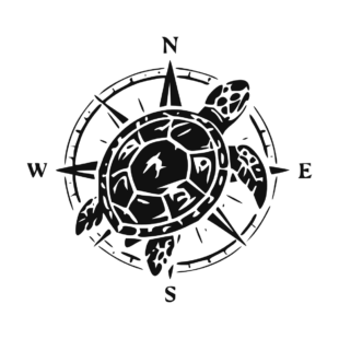 Sticker noir représentant une tortue tribale intégrée à une rose des vents avec points cardinaux