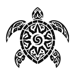 Sticker noir représentant une tortue tribale vue de dessus avec un soleil spiralé sur la carapace