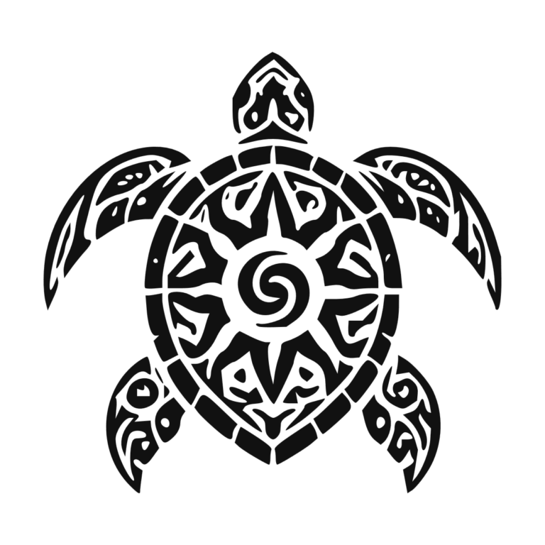 Sticker noir représentant une tortue tribale vue de dessus avec un soleil spiralé sur la carapace